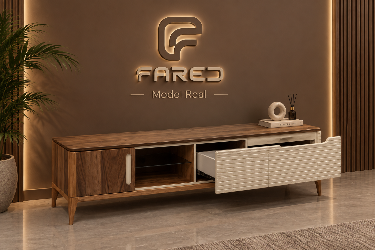 Fared Real TV Table – Natural Walnut Veneer with Georgian Beech Wood Base
