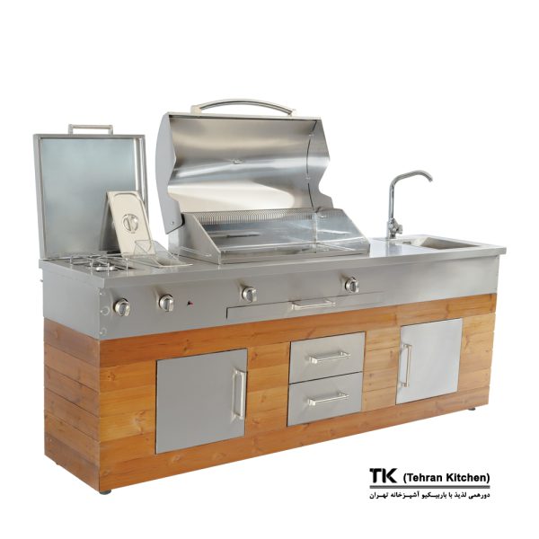 Tehran Kitchen 242 cm Gas & Charcoal BBQ with Cabinet, Stainless-Steel Top, Thermowood Panels, Side Burner & Fryer