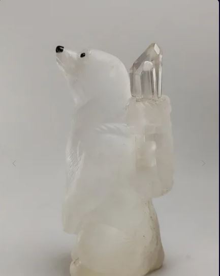 Handcrafted Natural Quartz Polar Bear Tabletop Perfume Bottle with Obsidian Eyes and Ice Crystal Cap