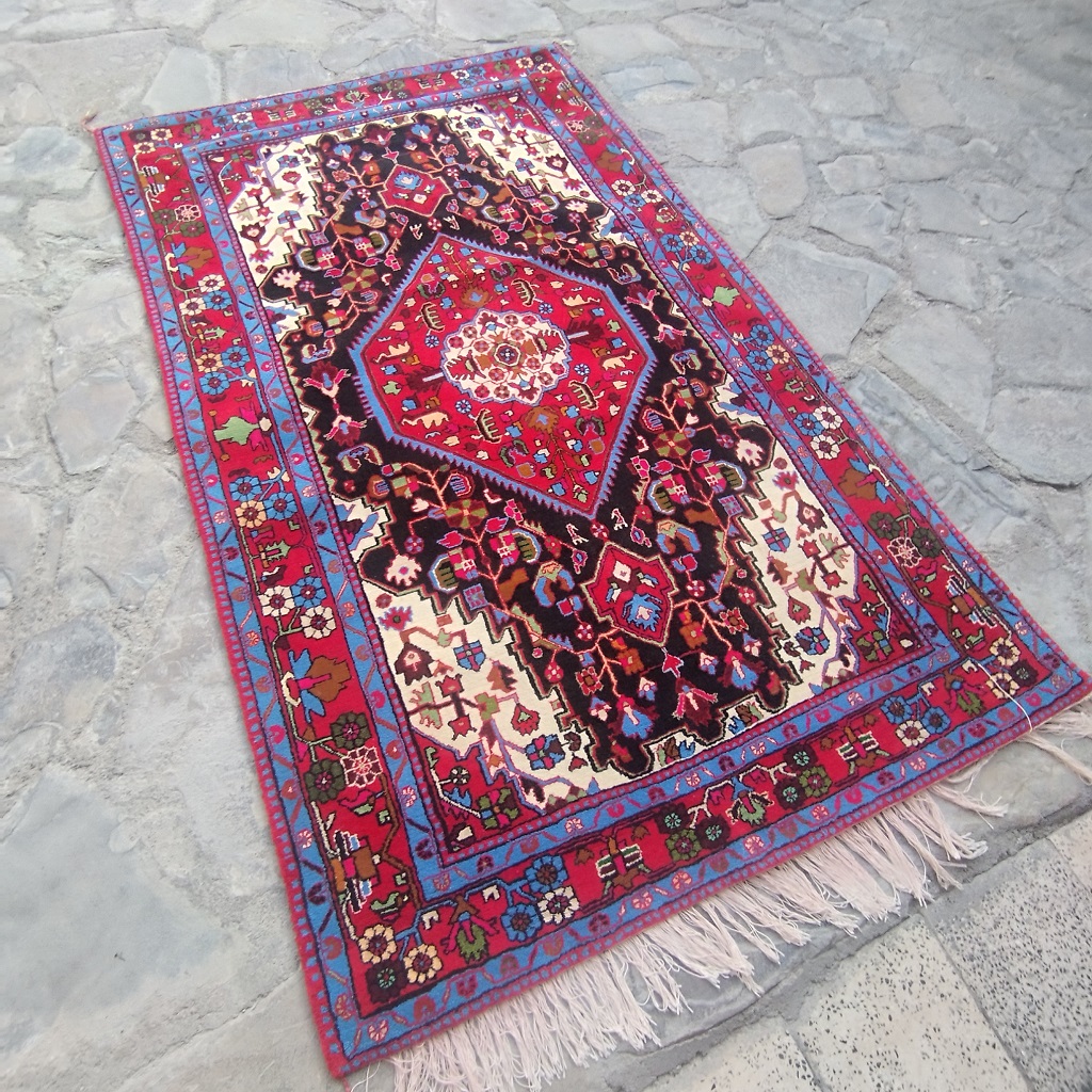 Handmade Persian White Lachak Carpet-Navy Blue Background