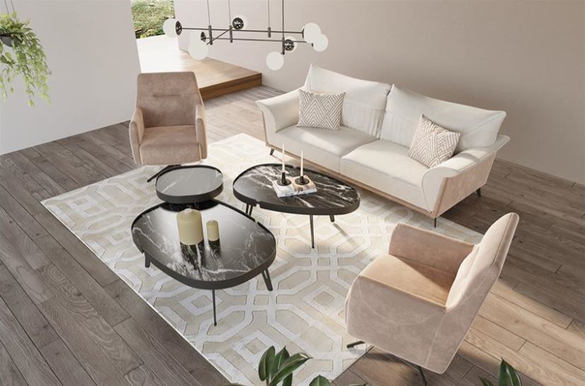 ARDIN , Post-Modern 3-Piece Coffee Table Set with Ceramic & Walnut-Veneered Tops