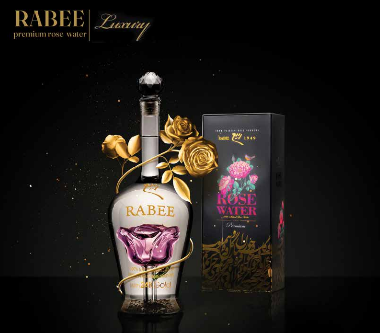 Rabee Luxury Rose Water 750ml | Premium Persian Rose Water with 24K Edible Gold Flakes | Luxury Glass Bottle & Gift Box