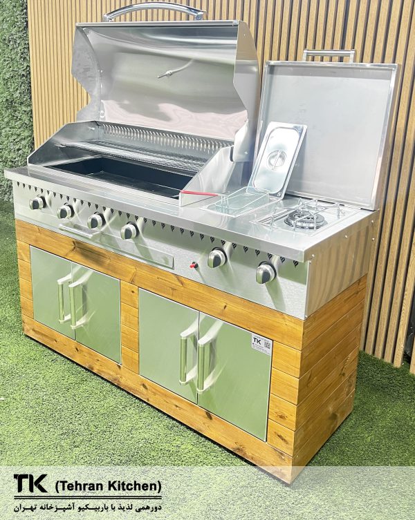 Tehran Kitchen 160 cm Gas & Charcoal BBQ Grill with Stainless Steel Cabinet, Fryer and Side Burner