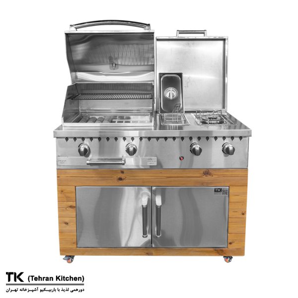 Tehran Kitchen 110 cm Stainless Steel BBQ Grill with Thermowood Cabinet, Side Burner and Deep Fryer