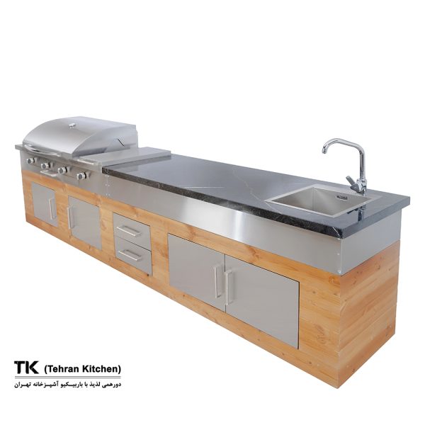Tehran Kitchen 330 cm Island BBQ  - Stainless Steel & Thermowood with Black Stone Worktop, 16-Burner Grill
