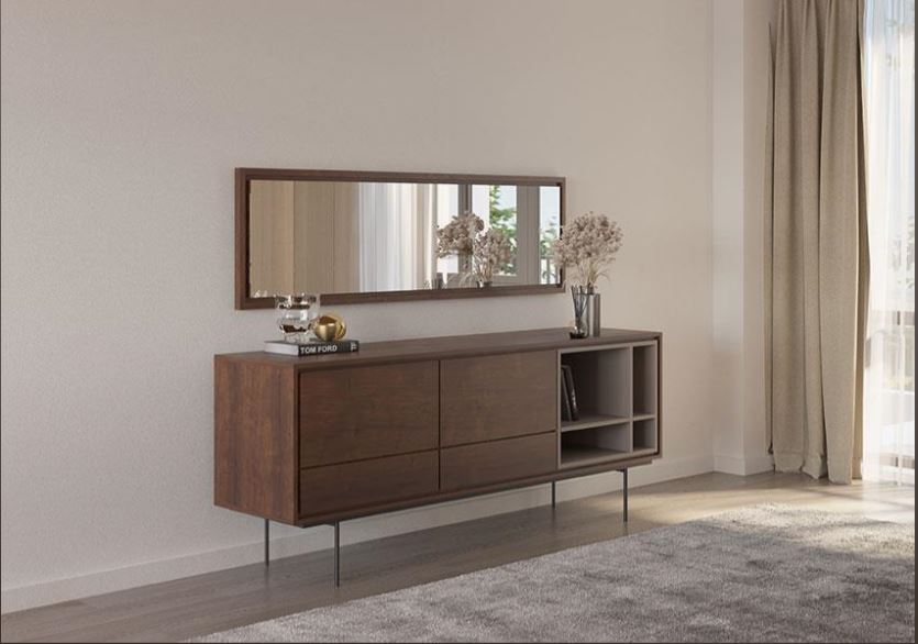 ALVAND , Modern Beech-Veneered Console Table with Steel Legs & Wood-Framed Mirror