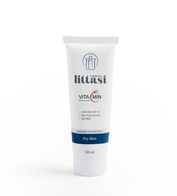 Littasi Professional Hydrating Gel Cream for Dry & Normal Skin with Sodium Hyaluronate, Aloe Vera, Beeswax, Vitamin C & SPF 15  Lightweight Daily Moisturizing & Brightening Face Cream, 50 ml
