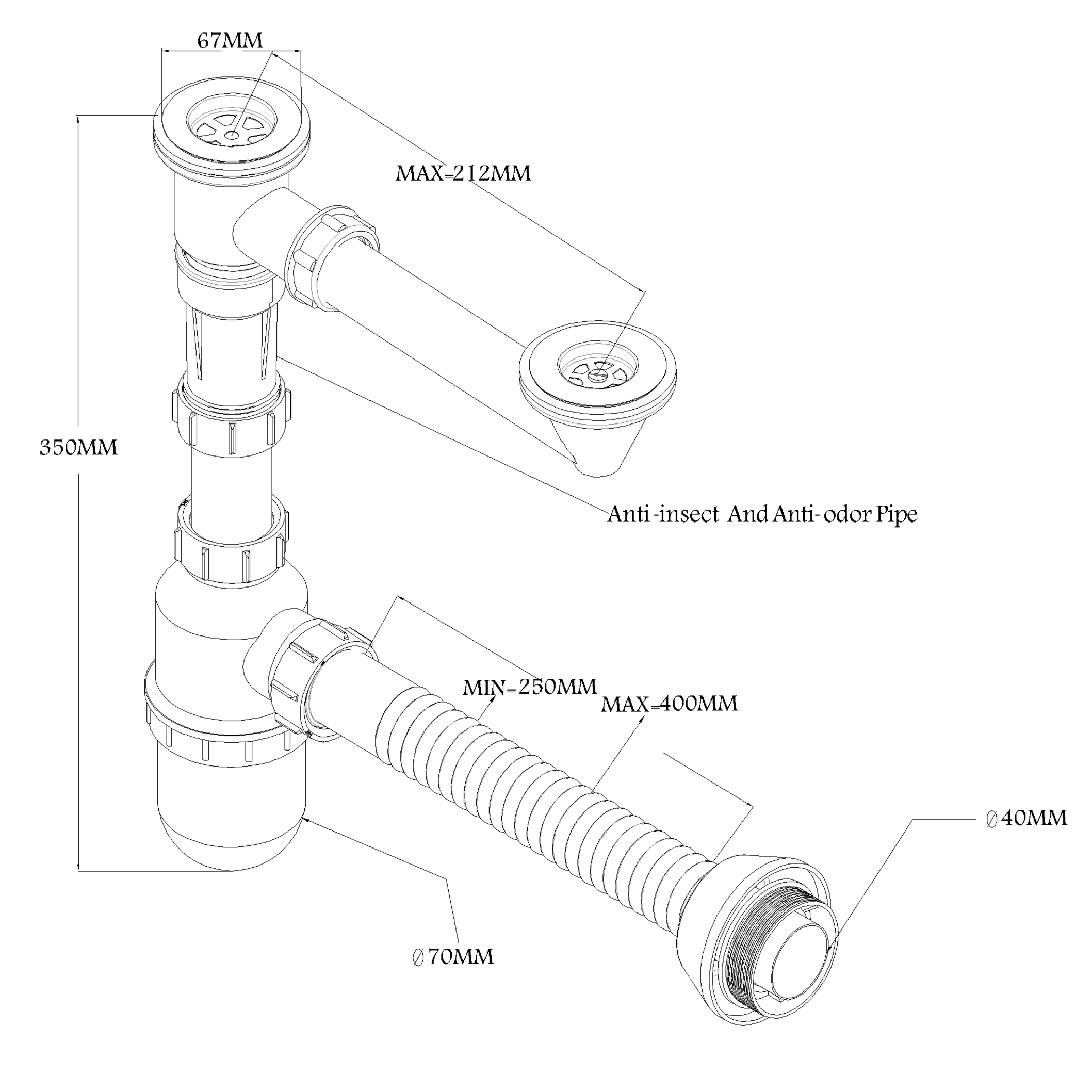 Bottle trap for double bowl sinks