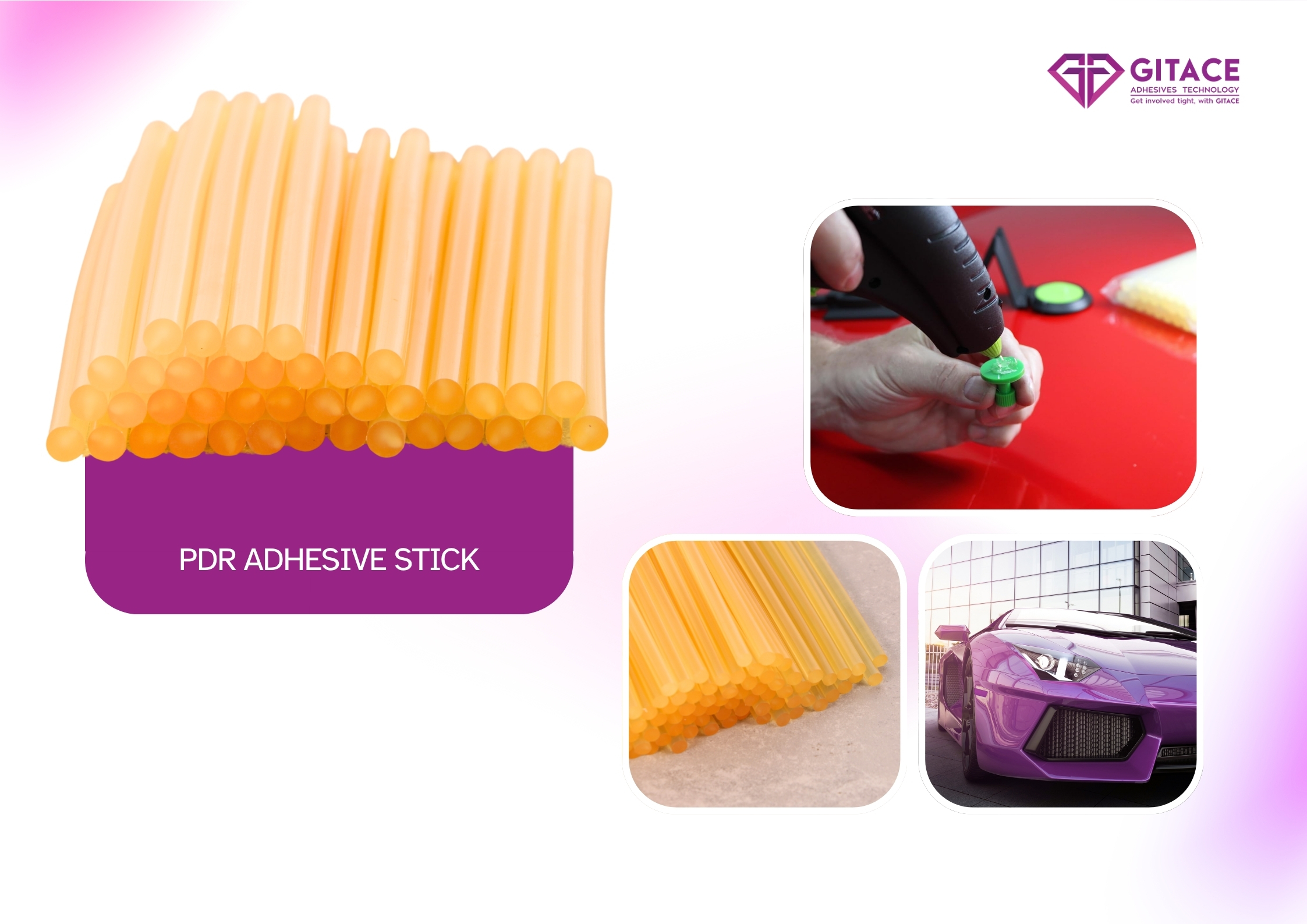 Professional yellow PDR hot melt adhesive stick designed for paintless dent repair (PDR).