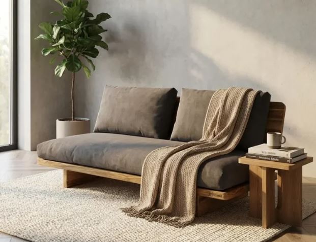 Zed Design Modern Minimalist Walnut Wood Upholstered Sofa Bench