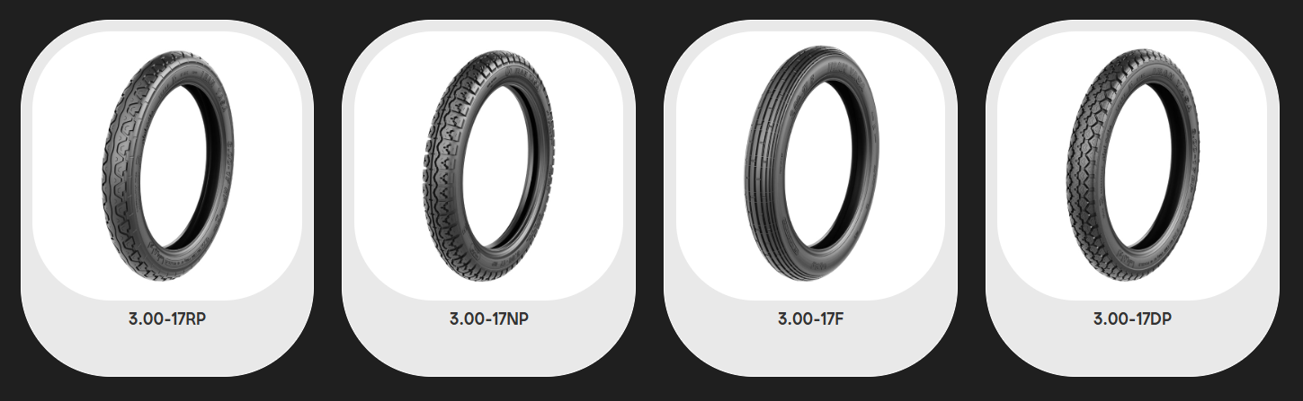 Urban Motorcycle Tire 3.00-17  Front & Rear  Multiple Tread Patterns