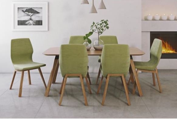 IRA , Post-Modern Dining Set with Curved Upholstered Chairs & Beech Wood Legs