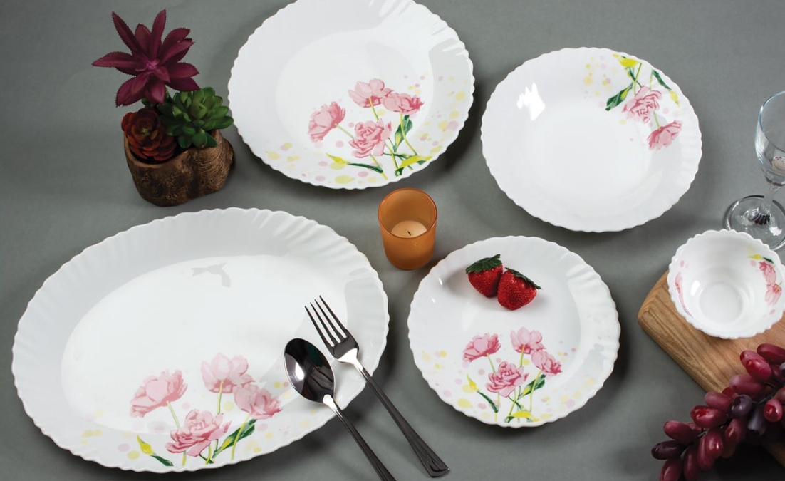 Porcelain Tableware Set Scalloped Edge, White & Floral Designs (Various Patterns Available)