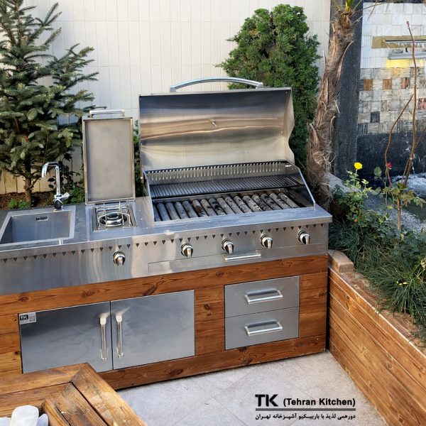 Tehran Kitchen 190 cm Gas & Charcoal BBQ with Cabinet, Stainless-Steel Top, Thermowood Panels, Side Burner & Sink