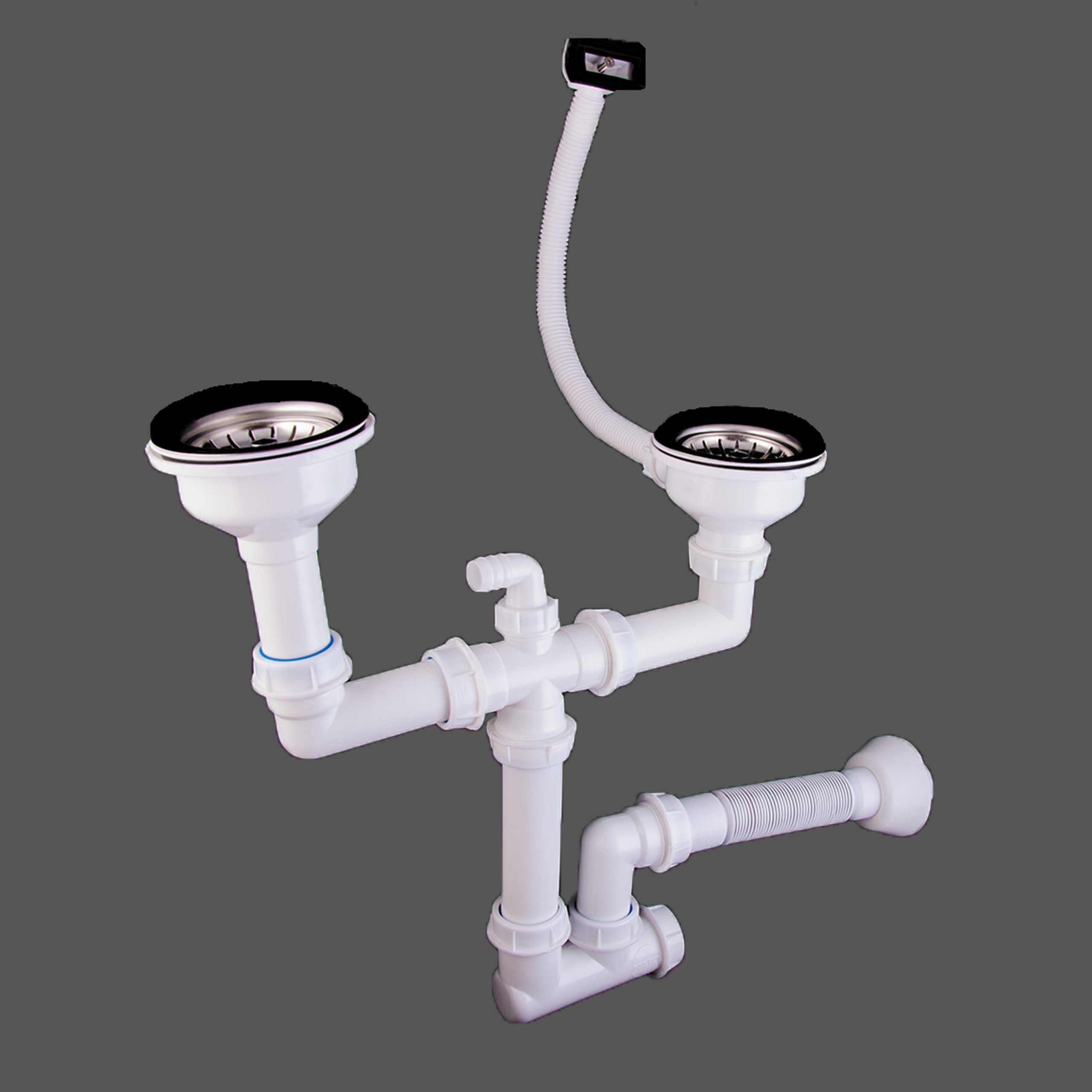 Drain Siphon for Double Bowl Sink With Overflow include Cleaning Port