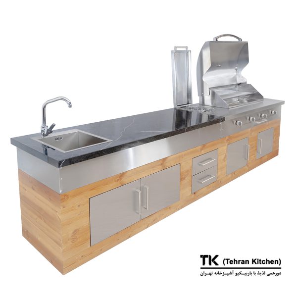 Tehran Kitchen 330 cm Gas & Charcoal BBQ Island with Stainless Steel, Thermowood & Black Stone Top