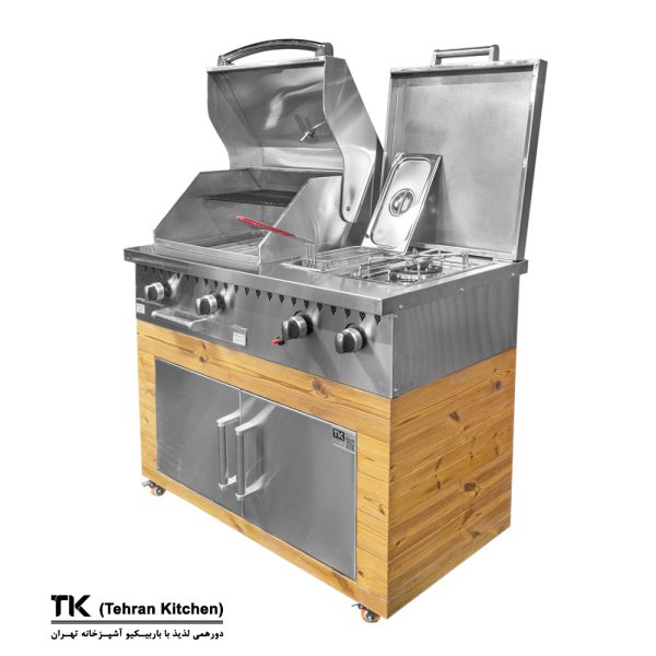 Tehran Kitchen 110 cm Gas & Charcoal BBQ with Cabinet, Side Burner & Fryer - Stainless Steel & Thermowood