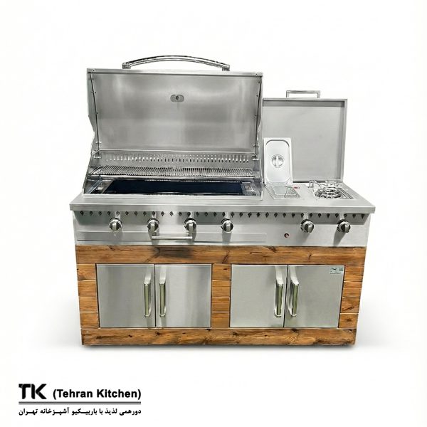 Tehran Kitchen 160 cm Gas & Charcoal BBQ with Stainless Steel, Thermowood, Fryer & Side Burner