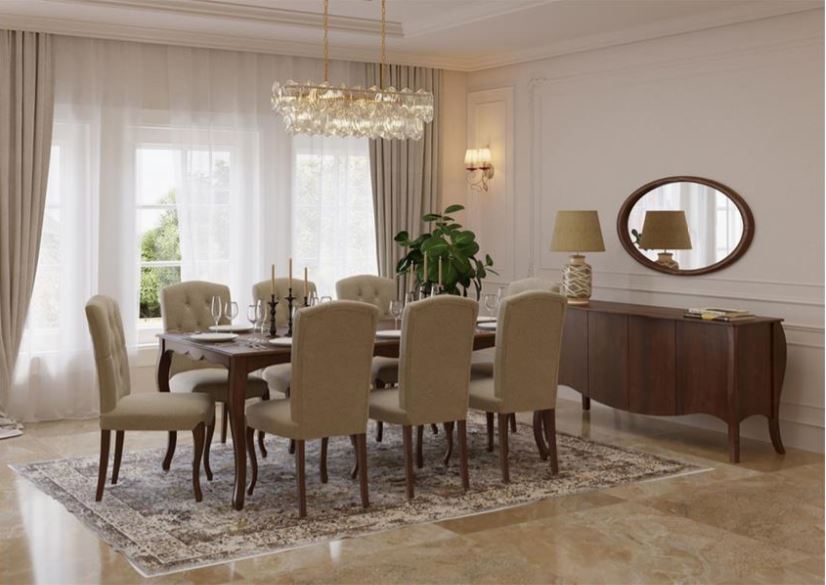 DAYAN , Elegant Upholstered Dining Set with Beech-Veneered Table & Button-Tufted Chairs