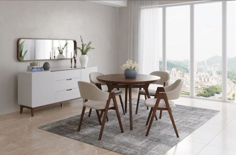 ARAN , Scandinavian Dining Set with Beech-Veneered Table & Curved Upholstered Chairs