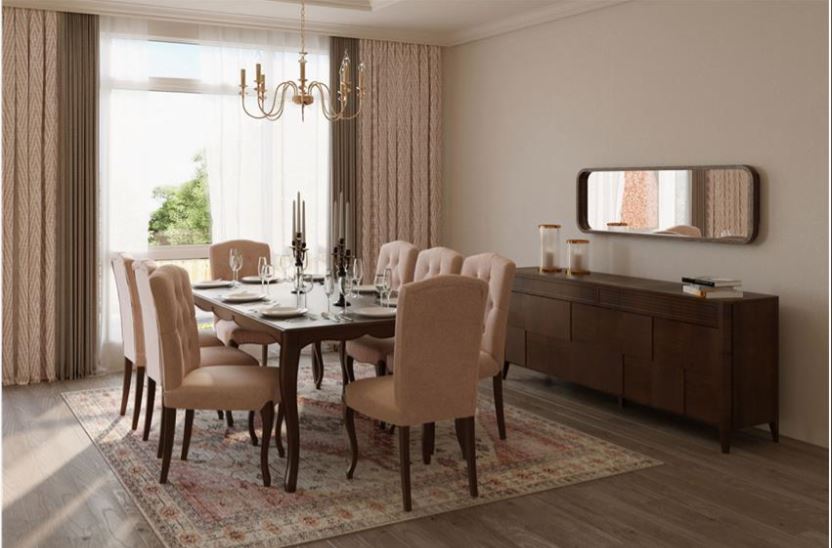 DAYAN , Elegant Upholstered Dining Set with Beech-Veneered Table & Button-Tufted Chairs