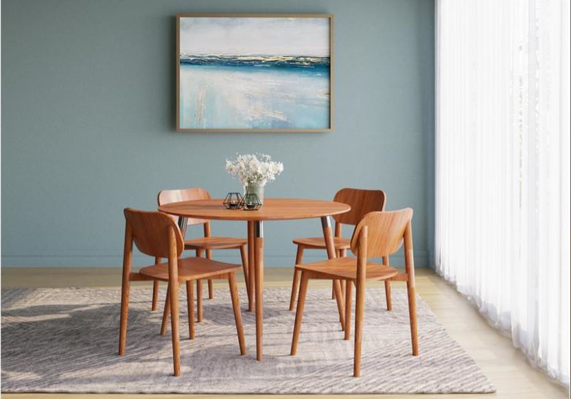 SUREEN , Modern Beech Wood Dining Set with Round Table & Simple Wooden Chairs