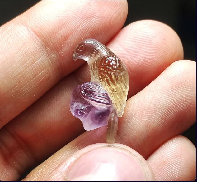 Handcrafted Natural Ametrine Falcon and Dove Micro Gemstone Sculpture Pendant Collectible Art