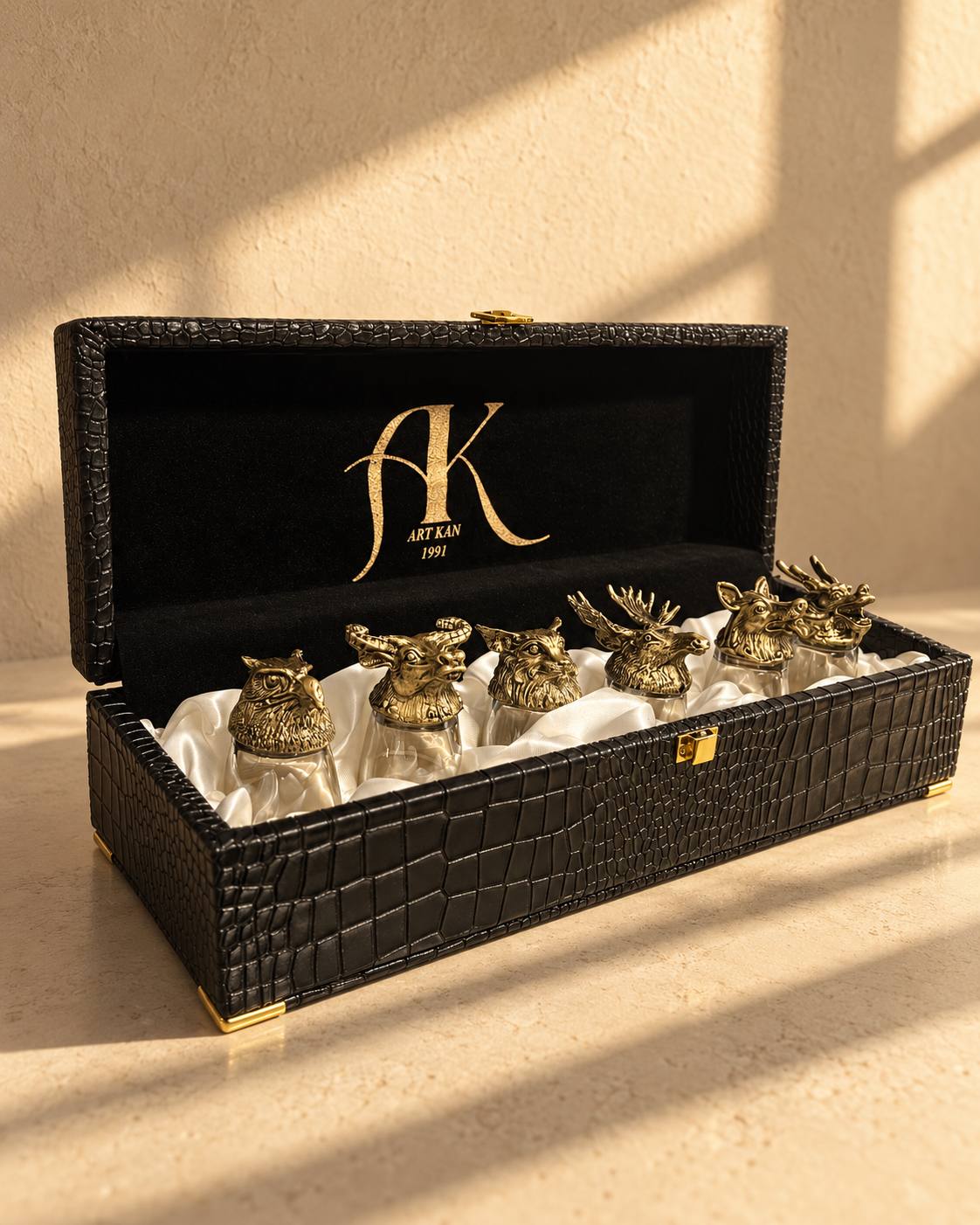 6 Animal Head Stemmed Shot Glasses in a Leather-Covered Wooden Box