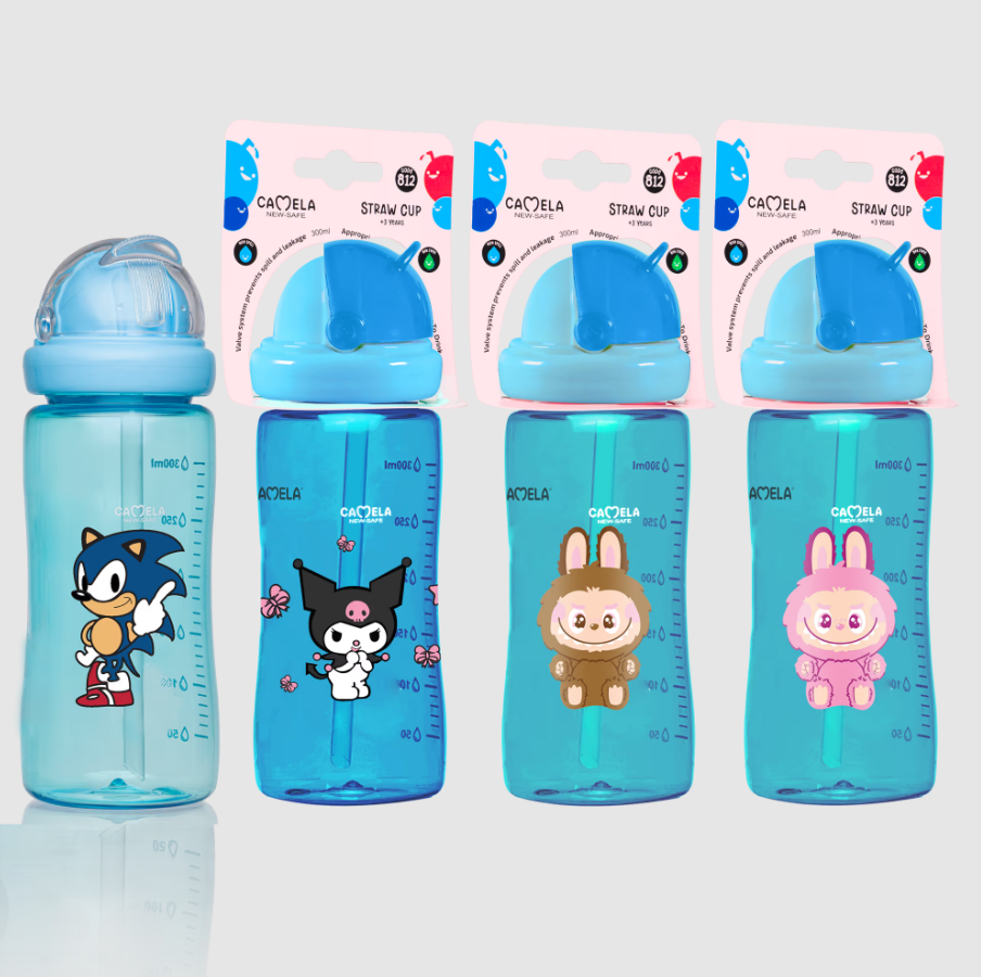 Camela 300-mL PC baby straw cup with a detachable & adjustable strap