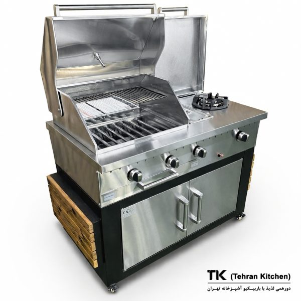 Tehran Kitchen 110 cm Gas & Charcoal BBQ with Cabinet, Stainless-Steel Top, Stainless-Steel Front, Side Burner & Fryer