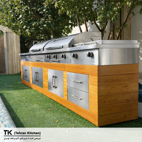 Tehran Kitchen 370 cm Full-Option Gas & Charcoal BBQ Island with Stainless Steel, Thermowood Cabinet, Side Burner, Fryer & Sink