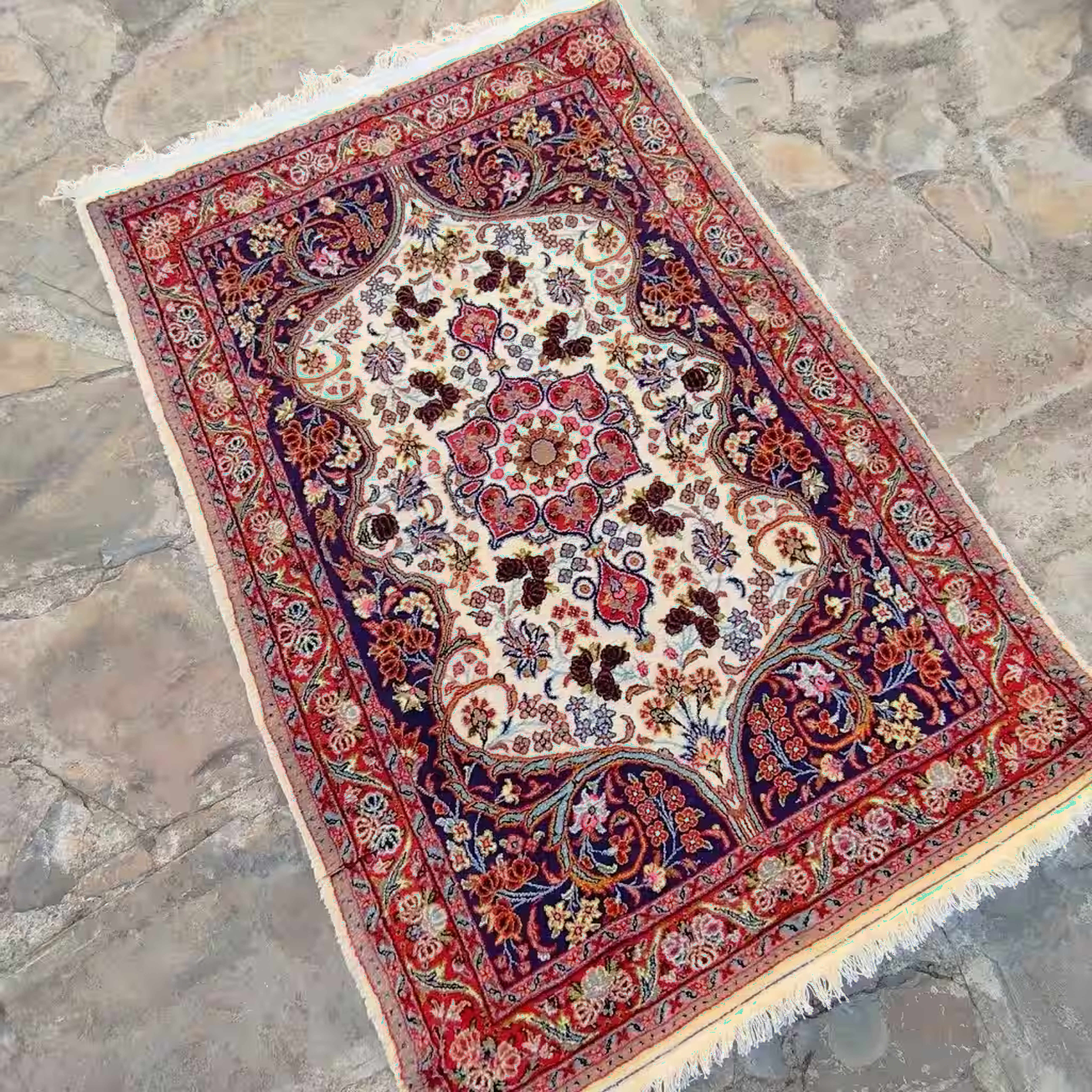 Handmade Persian White Lachak Carpet - Navy Blue Background