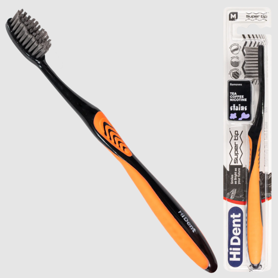 HiDent supertip charcol medium toohbrush with cap