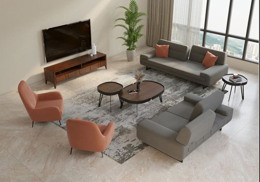 ARDIN , Post-Modern 3-Piece Coffee Table Set with Ceramic & Walnut-Veneered Tops