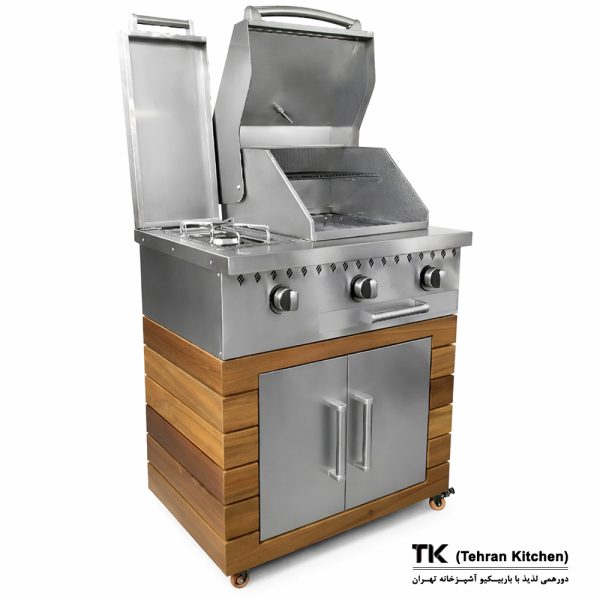 Tehran Kitchen 75 cm Gas & Charcoal BBQ with Stainless-Steel Cabinet, Thermowood Finish & Side Burner
