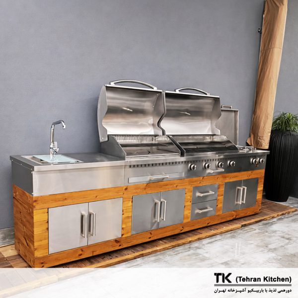 Tehran Kitchen 370 cm Full-Option Gas & Charcoal BBQ Island with Stainless Steel, Thermowood Cabinet, Side Burner, Fryer & Sink