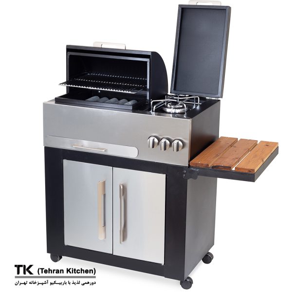 Tehran Kitchen 75 cm Gas & Charcoal BBQ with Cabinet, Side Burner & Stainless-Steel Front