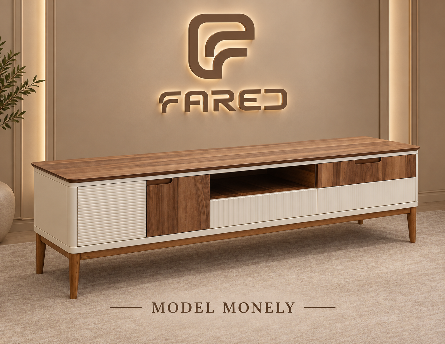 Fared Monely TV Table – Natural Walnut Veneer with Georgian Beech Wood Base
