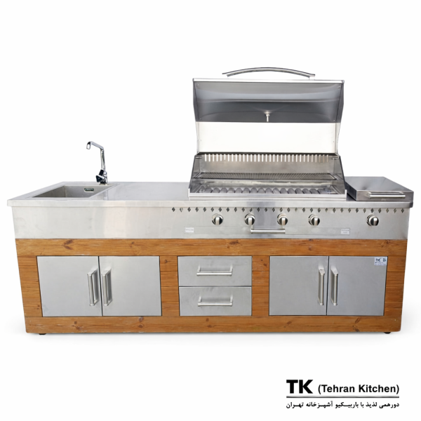 Гриль Tehran Kitchen 242 см на газу и углях с шкафом из нержавеющей стали и отделкой из термодерева