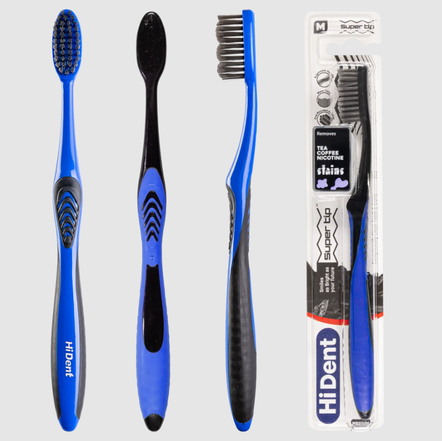 HiDent supertip charcol medium toohbrush with cap