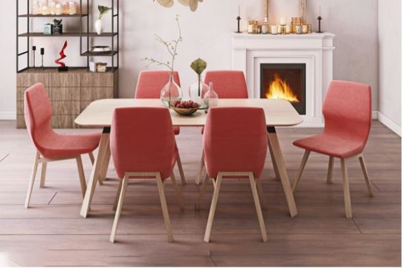 IRA , Post-Modern Dining Set with Curved Upholstered Chairs & Beech Wood Legs
