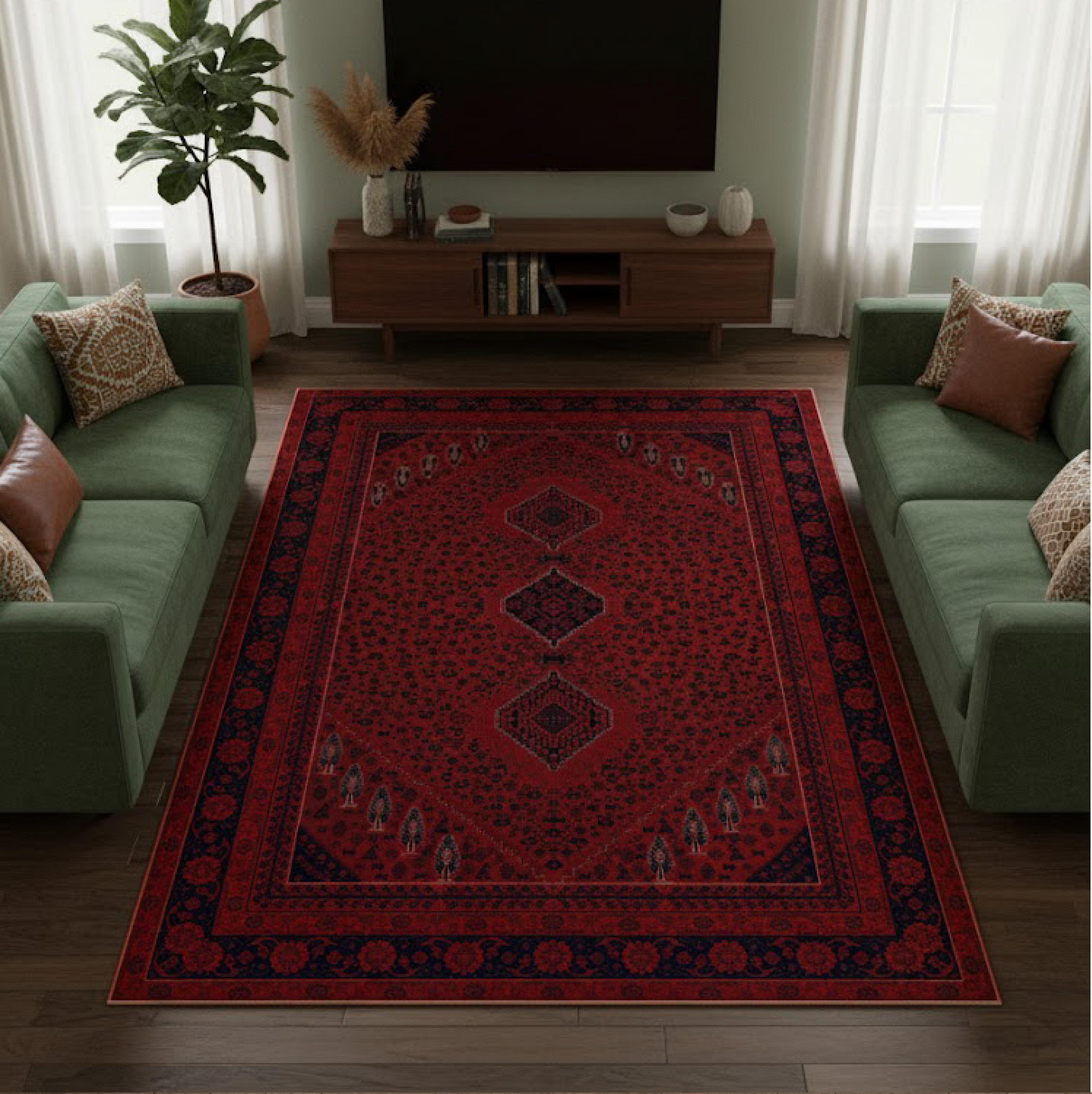 700 Reeds Persian Style Machine-Made Carpet-2100 Density, 8 Colors (Classic Red Design)