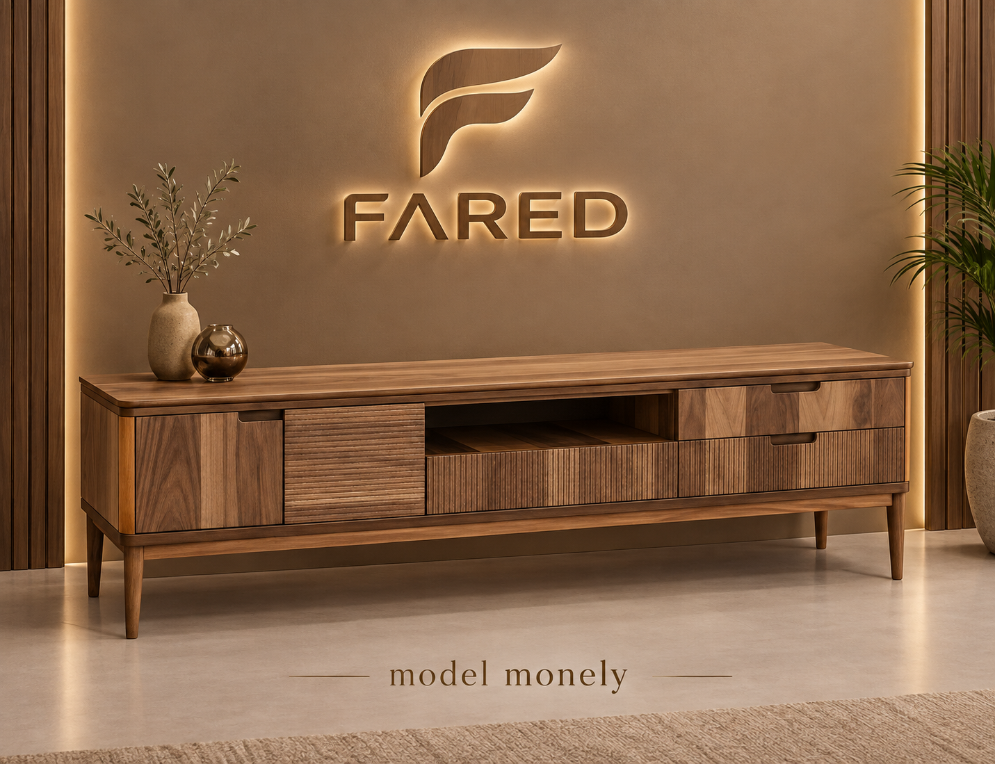 Fared Monely TV Table – Natural Walnut Veneer with Georgian Beech Wood Base