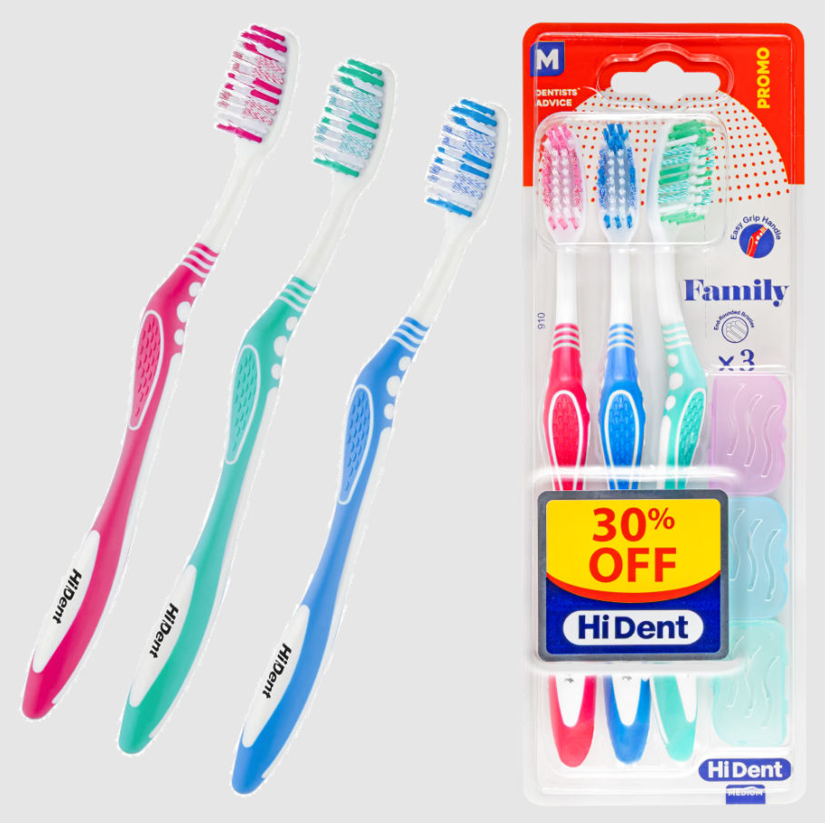 HiDent professional spiral  medium toothbrush with cap, 3 Pcs pack