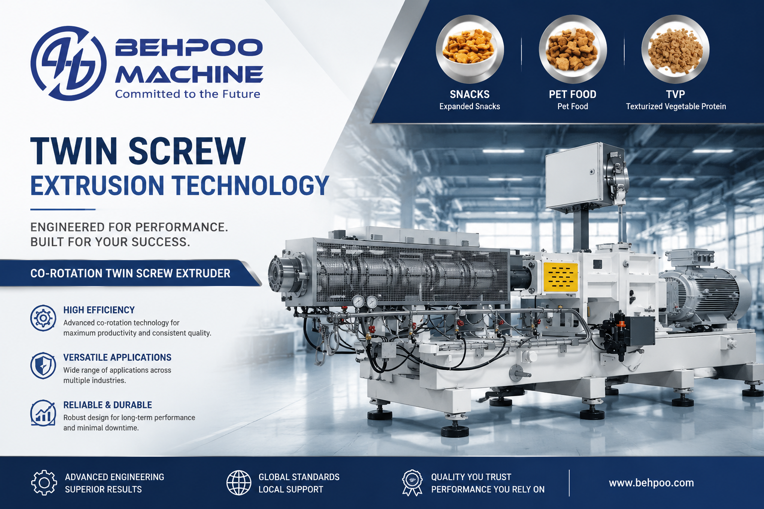 Twin-Screw Extruder: Used for processing a wide range of products, including various types of snacks, breakfast cereals, textured proteins, pet foods, aquatic feeds, and more.