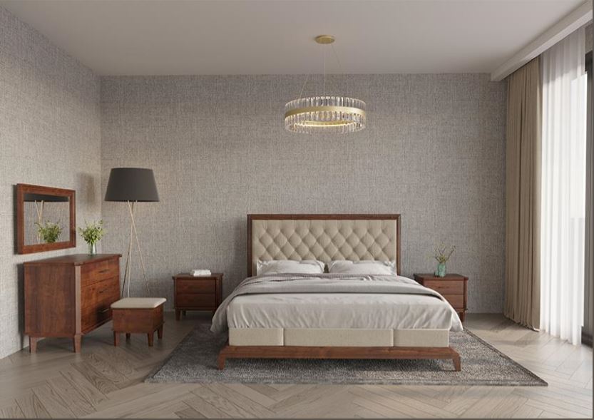 ZHIVAAR ,Upholstered Beech Wood Bedroom Set with Tufted Headboard