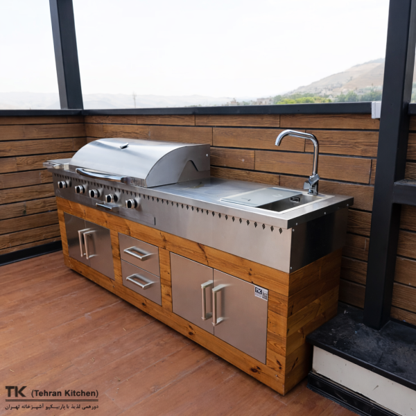 Гриль Tehran Kitchen 242 см на газу и углях с шкафом из нержавеющей стали и отделкой из термодерева