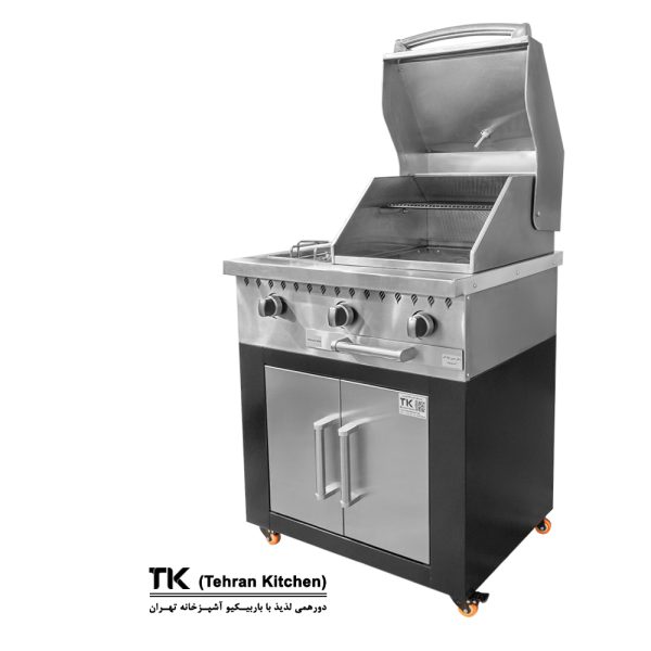 Tehran Kitchen 75 cm Gas & Charcoal BBQ with Cabinet, Stainless-Steel Top & Front, 7-Burner Grill with Side Burner