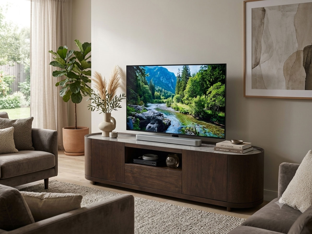 Zed Design Comfort Ceramic TV Console with Natural Oak Veneer & Ceramic Slab Top