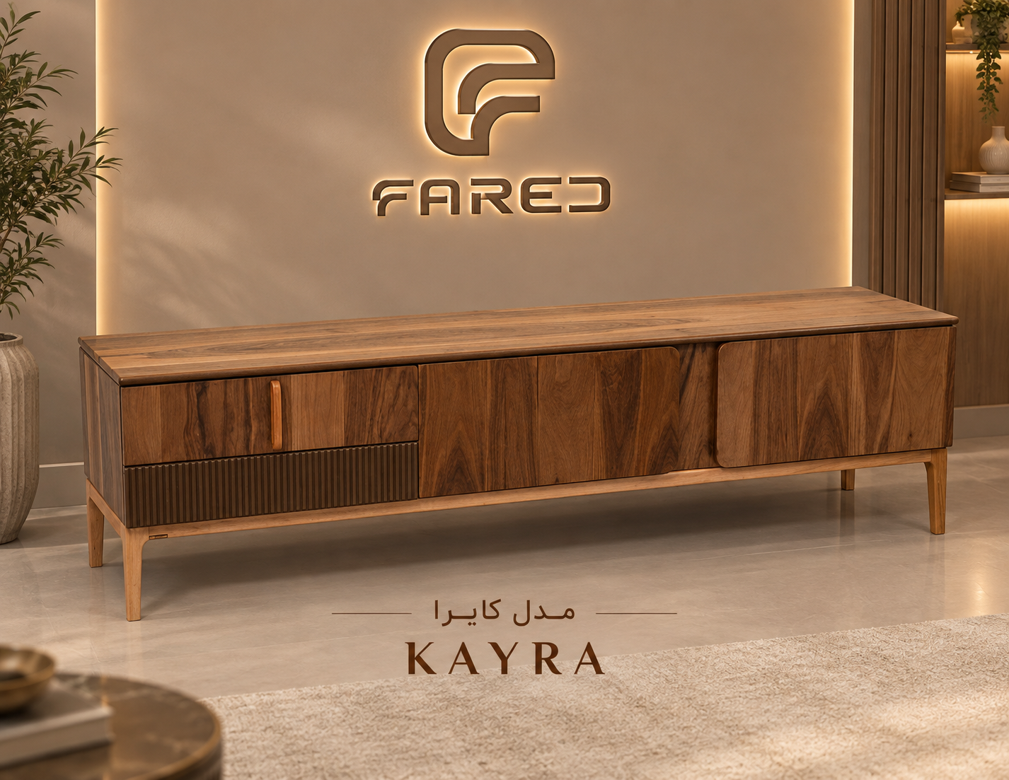 Fared Kayra TV Table – Natural Walnut Veneer with Georgian Beech Wood Base